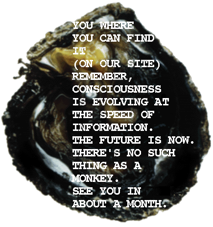 oyster says ...you where you can find it (on our site).
Remember, consciousness is evolving at the speed of information.  The future
is now.  There's no such thing as a monkey.  See you in, oh...
About a month.